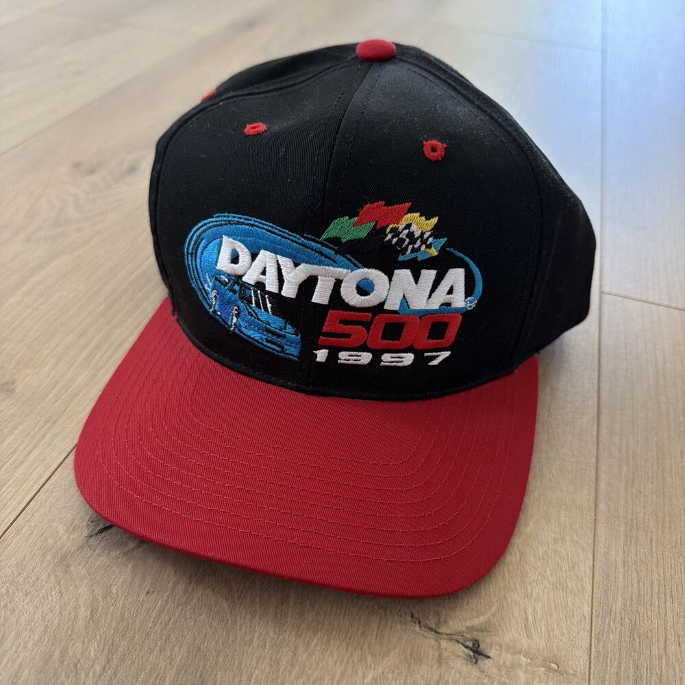 Vintage 1997 Checkered Flag Daytona 500 Hat Racing Cap Adjustable Black Red